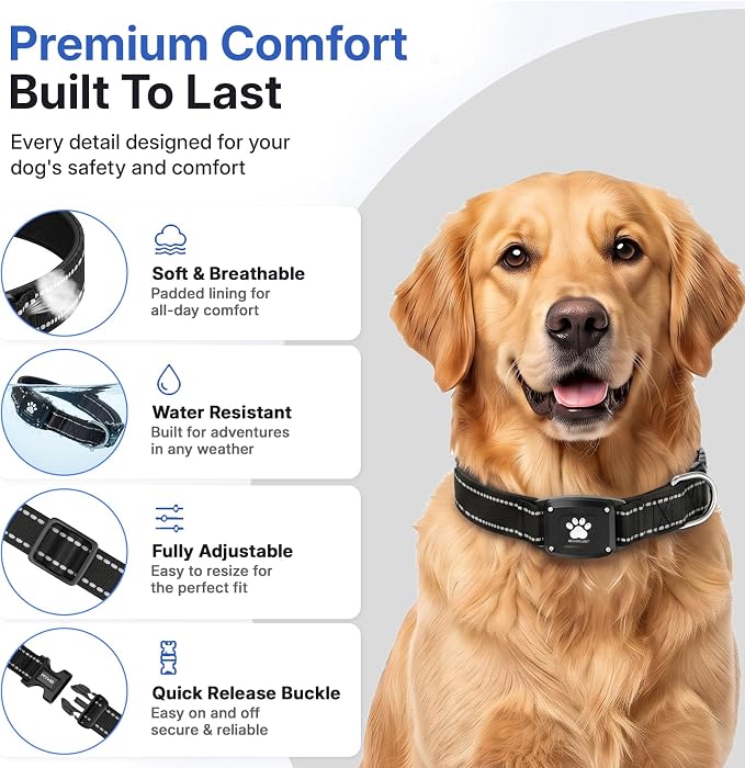 GPS Dog Collar with Tracker, Waterproof, No Monthly Fee, Black, L | Works with Apple Find My, iOS Only, MFi Certified, No SIM Card, for Large Dogs, Reflective Padded Nylon, Neck 16.5-23.5 in