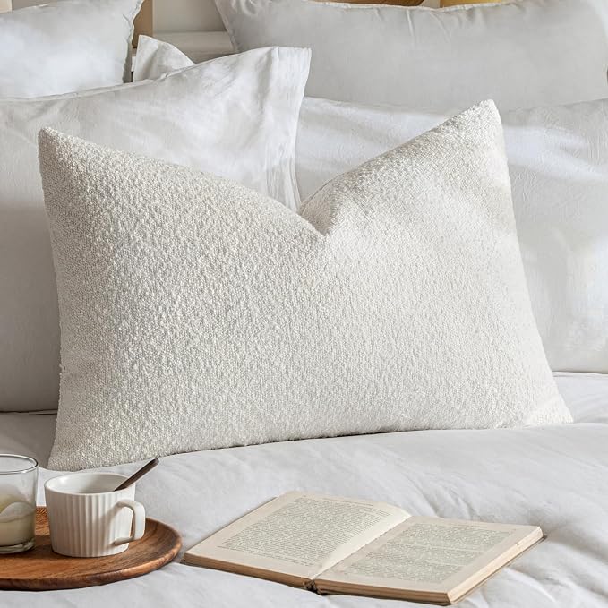 MIULEE Textured Boucle Lumbar Pillow Cover for Bed 16x24 White | Pack of 1 Textured Neutral Couch Throw Pillow Cover, Accent Solid Pillowcase, Sofa Living Room Home Decor