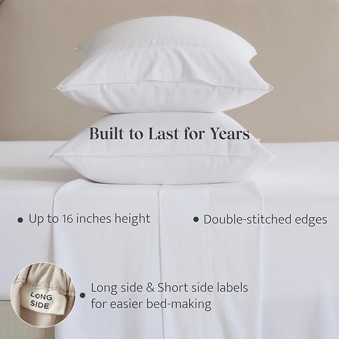 Double Stitch Cotton Tencel Sheet - Bed Sheets Set King Size, 4Pc Luxury Hotel Bedding Set, Soft, Cooling & Breathable for Hot Sleepers, Deep Pocket Up to 16 Inches, Bright White