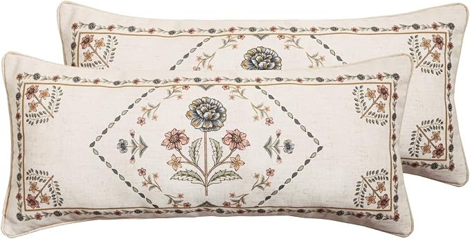 Designer Linen Throw Pillow Cover,Set of 2,28"x12"-Cornucopia B | Elegant French Rectangle Pillow Cover,Concealed Zipper Design,Floral Pattern,Sofas,Bedroom,Living Room,Lounge Chairs