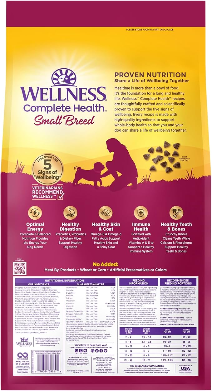 Wellness Complete Health Small Breed Adult Dry Dog Food, Wholesome Grain Kibble, Natural, Turkey and Oatmeal Recipe, 12 lb Bag