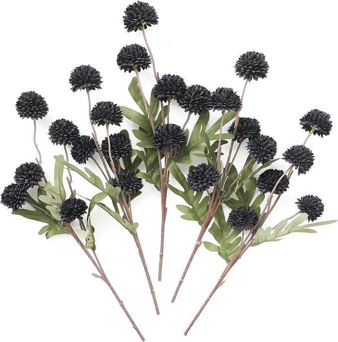 5pcs Black Faux Silk Mums Artificial Flowers, Bulk Fake Small Mini Chrysanthemums with Stems for DIY Wedding Centerpieces Floral Arrangements Vase Fillers Home Decorations