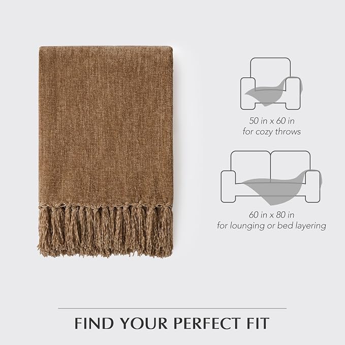 Chenille Knit Throw Blanket for Couch, 50"x60", Warm Beige | Cozy Plush Fuzzy Knittd Throw with Tassels, Lightweight, Decorative, Farmhouse Decor, Ideal for Bed Sofa Gift, All Seasons
