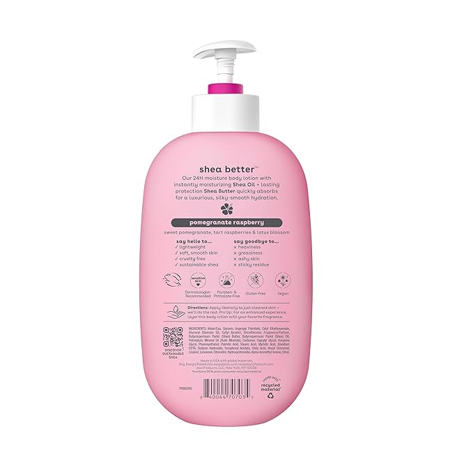 eos Shea Better Body Lotion Pomegranate Raspberry,24-Hour Moisture Skin Care,Lightweight & Non-Greasy,Natural Shea,Vegan,16 fl oz,(Pack of 2)