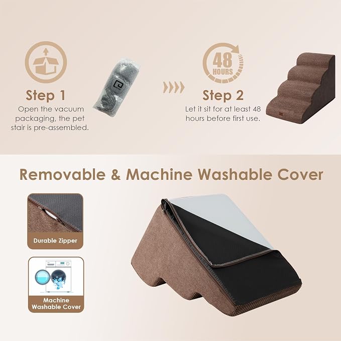 EHEYCIGA Curved Dog Stairs Ramp, 4-Step High Beds, 19.7" H Pet Step | 33D density of pure foam, for Small Dogs and Cats, Pet Stairs for High Bed Climbing, Non-Slip Balanced Indoor, Brown