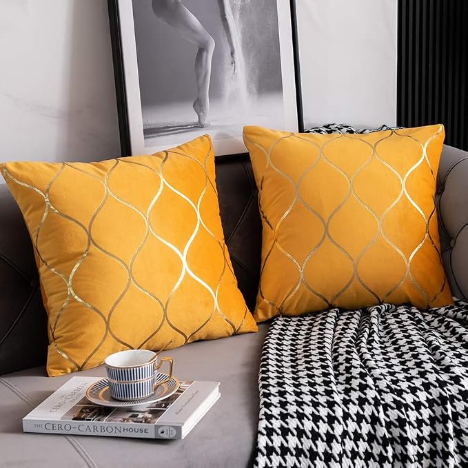 16x16 Inch Gold Velvet Throw Pillow Covers: 2 Pack Square Decorative Pillow Cases for Bedroom Sofa Couch Living Room, Yellow