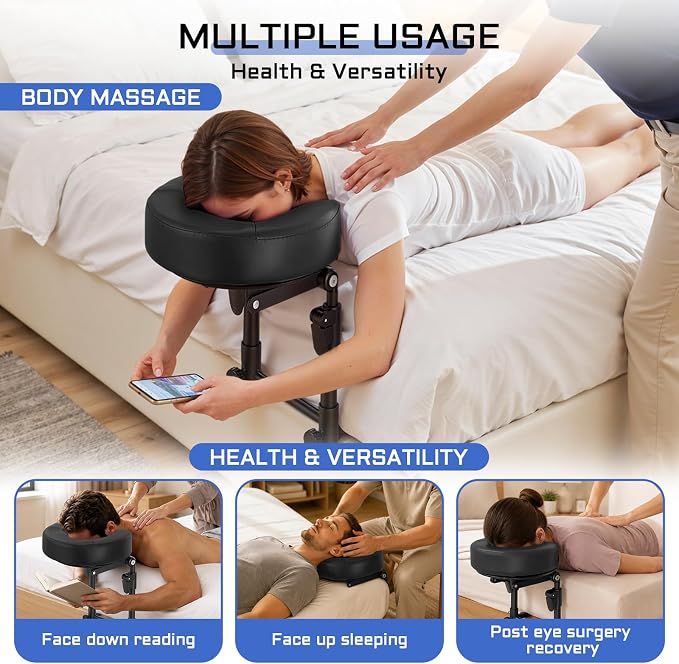 Massage headrest for Bed with Storage Bag Adjustable Mattress Top Massage Kit, Massage Face Cradle at Home for Massage SPA Foldable & Portable Face Down Pillow After Eye Surgery (Black)