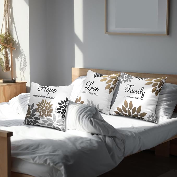 Tatuo 4 Pcs Flower Pillow Covers Square Summer Pillow Cushion Cases 18 x 18 Inch Family Faith Hope Love Words Decorative Spring Winter Cushion Case for Bed Couch Sofa Living Room(Brown Series)