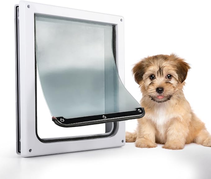 PAWISE 2 Way Dog Door, Lockable Dog Flap with Durable Metal Panel & Flexible Transparent Flap, Weatherproof & Easy Install Pet Door for Dogs, Quiet and Energy-Efficient Design Doggy Door (11.8"x12.2")