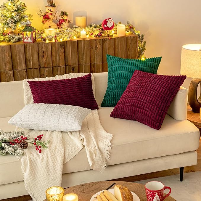 MIULEE Lumbar Corduroy Decorative Throw Pillow Covers 12x20 Burgundy | Pack of 2 Soft Boho Striped Pillow Covers Modern Farmhouse Home Decor For Sofa Living Room Couch Bed