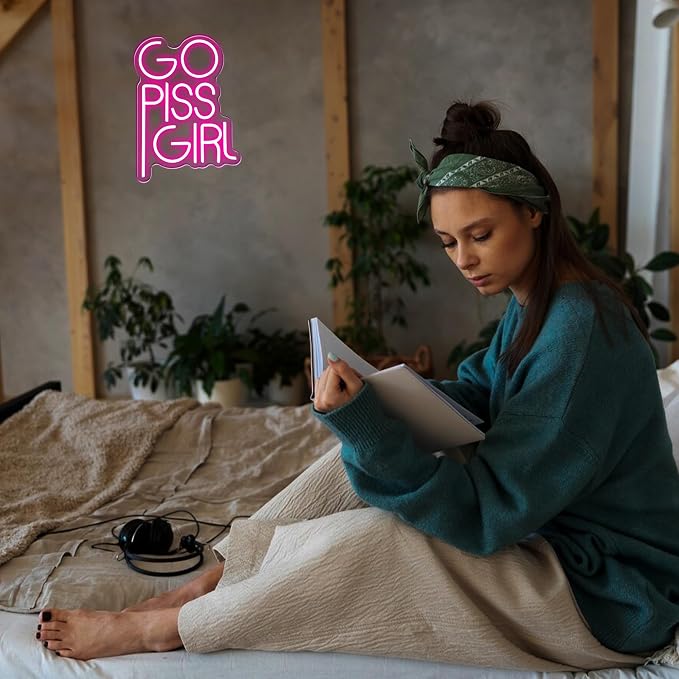 GO PISS GIRL Neon Sign Funny Dimmable LED Light Up Sign Pink Aesthetic Pop Culture Wall Decor for Dorm Room, College Apartment, Bathroom, Party, Birthday Gift, USB Powered(14.5 * 10.6in)