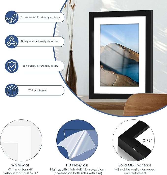 6x8 Picture Frame Set of 6, Wall or Tabletop Display, Black | Display 5x7 with Mat or 6x8 Without Mat, Horizontal or Vertical, Gallery Wall Frame Set for Wedding & Room & Home Decor