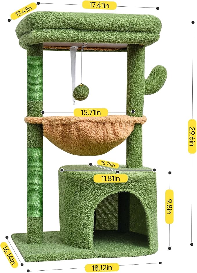SYANDLVY Cactus Cat Tree for Indoor Cats, Green Activity Tower for Kittens | Modern Cat Furniture with Scratching Post, Basket & Hanging Ball for Play Rest