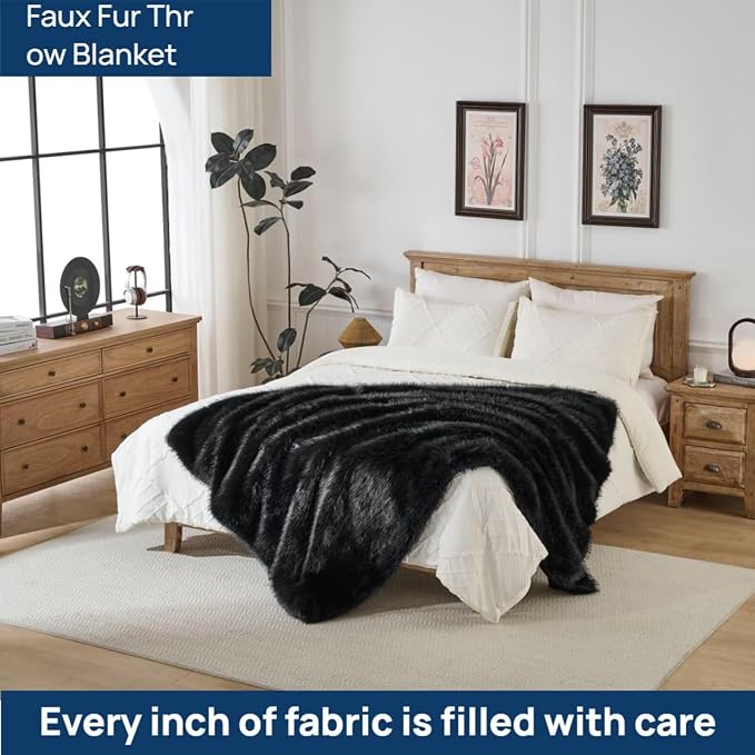 Luxury Fluffy Faux Fur Throw Blanket, Thick Silky Fuzzy Cozy Plush Blanket for Couch, Sofa, Chair, Bed - Black, 60x80 Inches