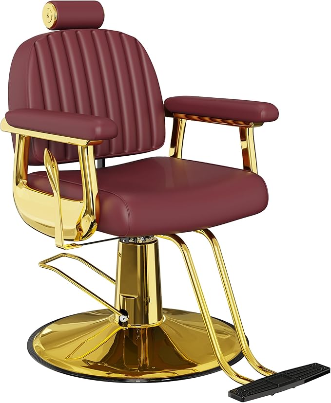 Baasha Burgundy & Gold Reclining Salon Chair - Vintage Hydraulic Barber Chair with Removable Headrest - Heavy Duty All Purpose Styling Chair for Lash, Braiding & Tattoo - Wide Seat, 440 lbs Cap.