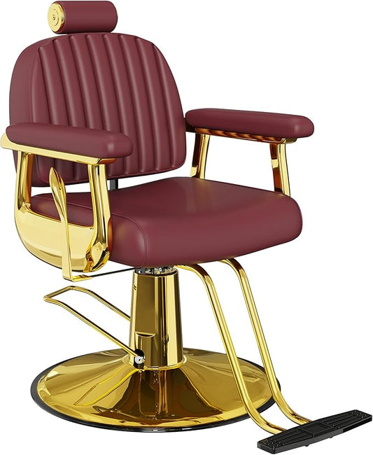 Baasha Burgundy & Gold Reclining Salon Chair - Vintage Hydraulic Barber Chair with Removable Headrest - Heavy Duty All Purpose Styling Chair for Lash, Braiding & Tattoo - Wide Seat, 440 lbs Cap.