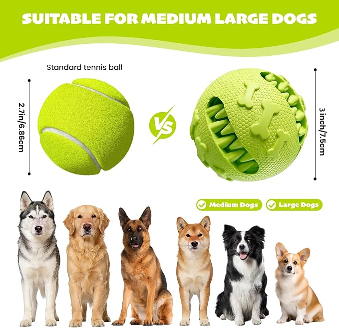 Dog Balls Treat Dispensing Toys for Medium & Large Breeds, 3inch / 7.5cm Natural Rubber Dog Puzzle Toy Slow Feeder for Mental Stimulation, Anxiety Relief & Interactive Play