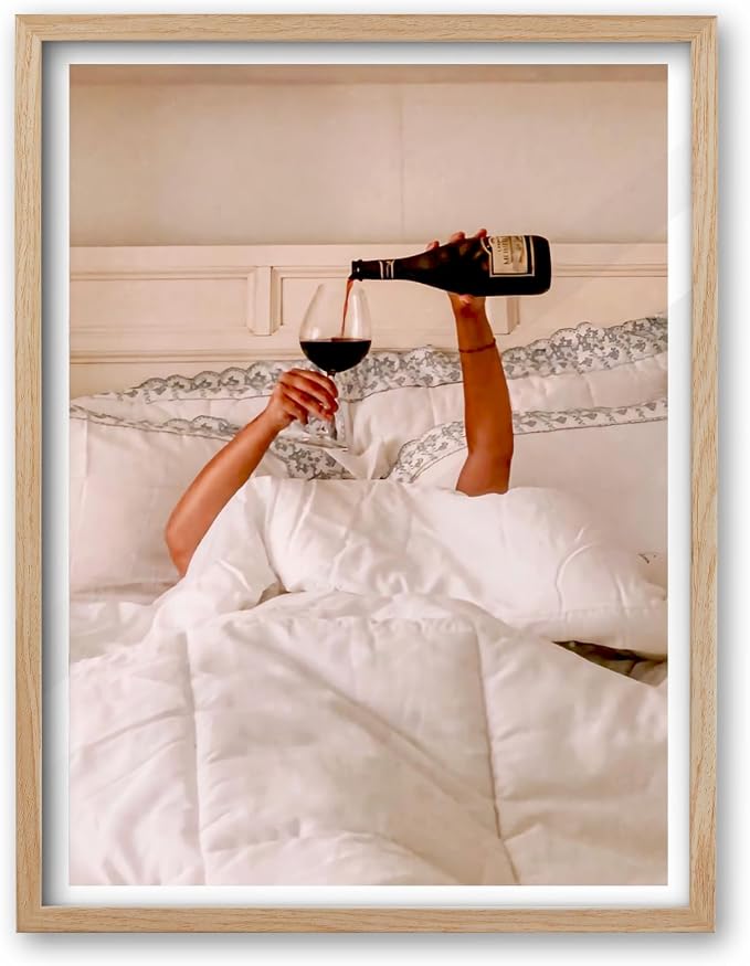 EcoHest Small 8x10in Woman Drinking Wine in Bed Framed Wall Art for Bedroom | Natural Oak Wood Frame with Canvas Wall Art, Feminist Wine Wall Decor for Bathroom, Apartment, Dorm, College Room, 1Pack