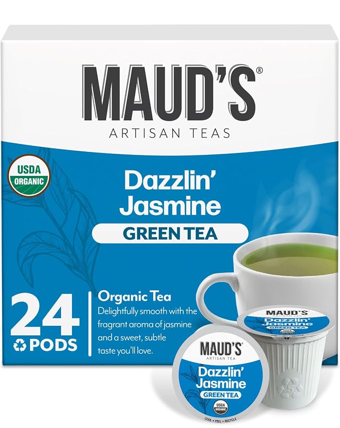 Maud's Organic Jasmine Green Tea Pods, 24 ct, Single Serve Tea Pods – 100% Gourmet Blended Tea Leaves, Compatible with Keurig K Cups Maker
