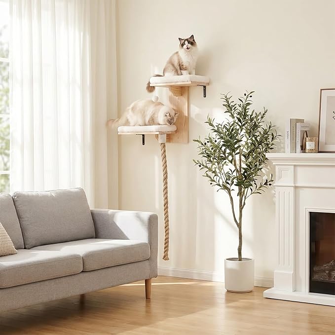 Cat Wall Shelves, 2 Beds with 4.92 ft Cat Scratching Post Rope | Tree Shape Cat Wall Furniture Set, Kitten Floating Shelf with Soft Cushion Perch, Solid Wood Cat Perch for Climb, Play, Nap