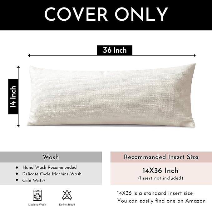 OTOSTAR Linen Throw Pillow Cover Set of 1 Decorative Long Lumbar Pillowcase Rectangle Cushion Cover 14x36 Inch for Home Decor Sofa Bedroom Car 35 x 90CM Cream Beige