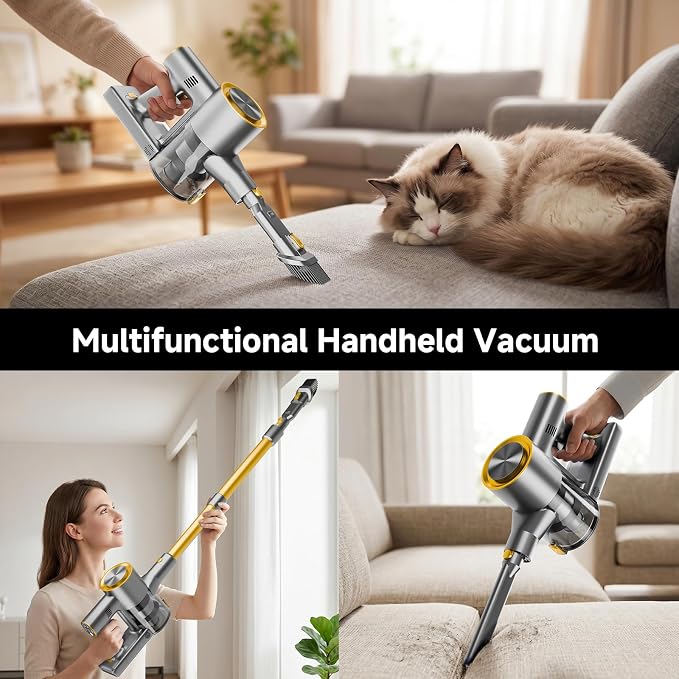 Cordless Stick Vacuum Cleaner - 45KPA Powerful Suction Vacuum with 45 Min Runtime, Detachable Battery, Anti-Tangle & 1.5L Dust Cup, 8 in 1 Vacuum Cleaner for Pet Hair, Carpet, HardFloor, Yellow