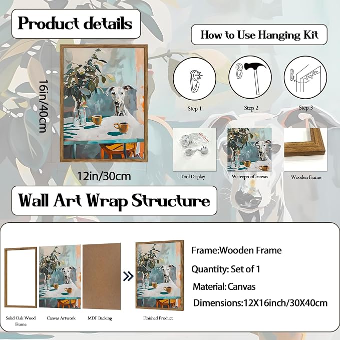 Funny Dog Wall Art, Whimsical Whippet Wall Decor Painting Cute Greyhound Poster Canvas Print Animal Artwork for Dining Room Kitchen Living Room 12x16 inch Wood Framed