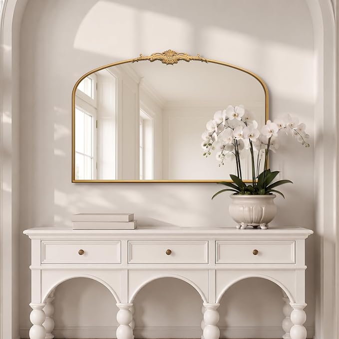 Besdomus Vintage Arched Gold Mirror: 48"x33" Oversized Decorative Mirrors | French Baroque Metal Framed - Traditional Ornate for Home Renovation Decor - Ideal for Foyer/Entryway/Fireplace/Living Room