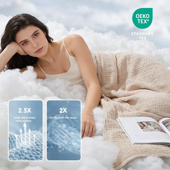 EMME Cotton Muslin Large Throw Blanket Couch Breathable Gauze Soft Lightweight Bed Blankets Adults (Heather Beige, 50"x70")