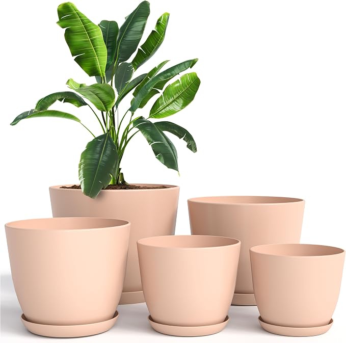 Plant Pots Indoor with Drainage, 5 Pack Multi-Size Planters Set, Pink | Drainage holes included Multiple sizes 7/6.6/6/5.3/4.8 In Indoor plants and flowers Durable plastic construction