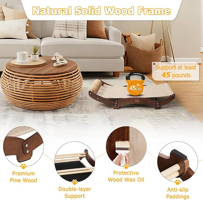 3 in 1 Sisal Cat Scratcher Bed, Solid Pine Cat Scratcher with Balls, Walnut | Extra Large Cat Scratching Post with Hammock, Cat Scratcher for Scratch & Play & Rest, Cat Furniture for Indoor Cats, Kitten