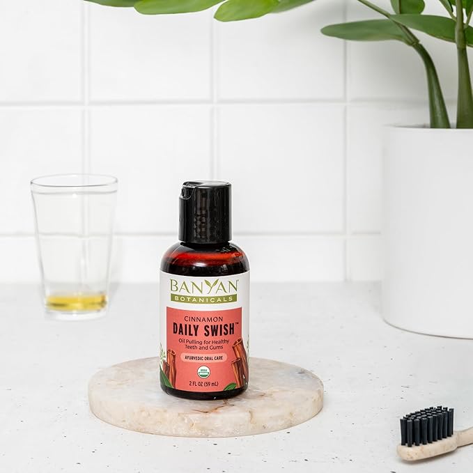 Banyan Botanicals Cinnamon Daily Swish – Organic Ayurvedic Pulling Oil with Coconut Oil – Mouthwash for Fresh Breath and Sparkling Oral Health* – 2 oz – Non GMO Sustainably Sourced Vegan