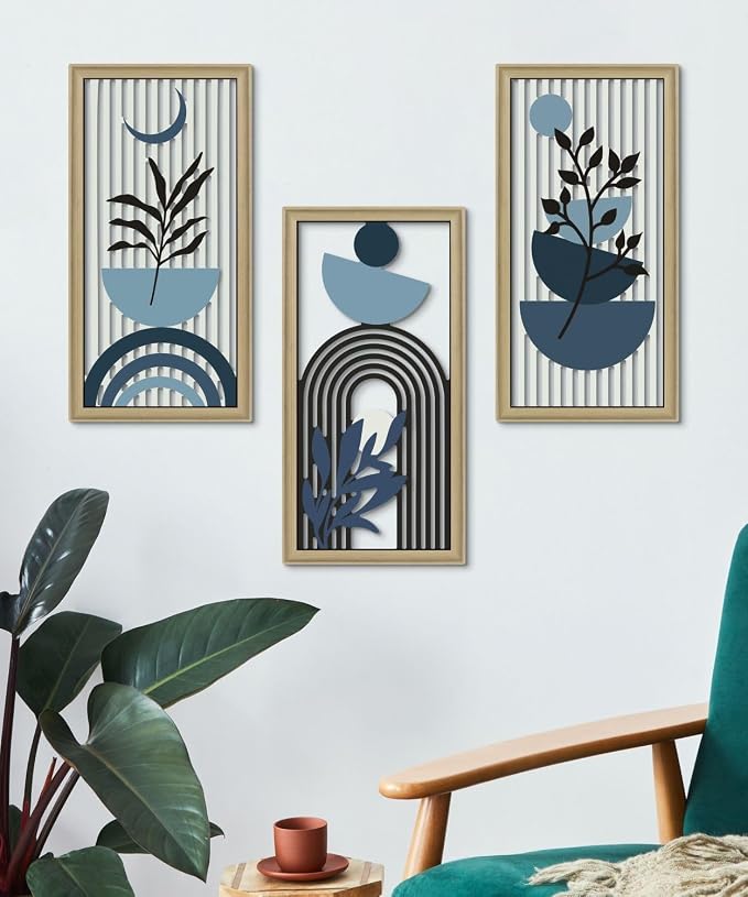 Putuo Decor Boho Abstract Wall Art, Set of 3, Modern Botanical Wooden Wall Decor, Blue Mid-Century Minimalist Framed Artwork for Living Room Bedroom, Office