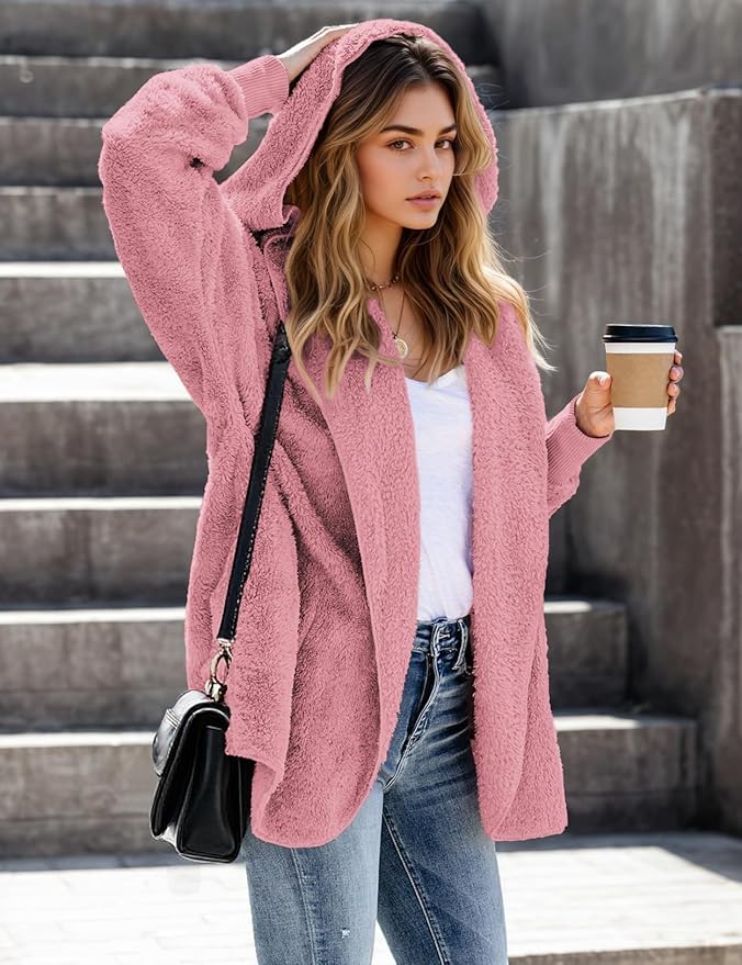 Zilcremo Women Hooded Cardigan Fuzzy Jacket Winter Open Front Fleece Coat Outwear with Pockets