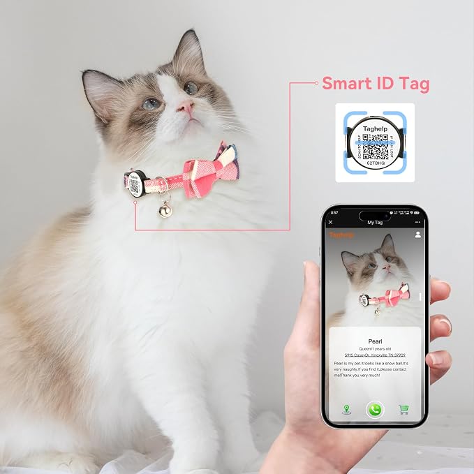 Personalized Cat Collar with smart ID Tag,Breakaway Cat Collar with Bells,Bow Tie Cat Collar with On ID Tags for Boys and Girls Safety Plaid Kitten Collars with QR ID Tag for Cats (Pink)