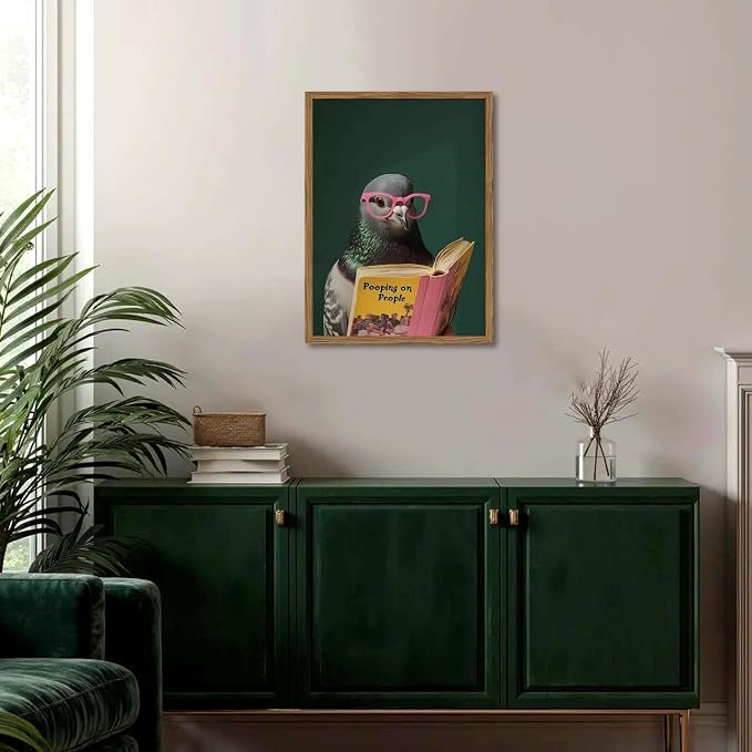 Framed Funny Pigeon Wall Art, Humorous Bird Reading Wall Decor Paintings, Pooping on People Book Pictures Canvas Print Eclectic Home Decor for Bathroom Living Room Office Dorm 12x16 inch