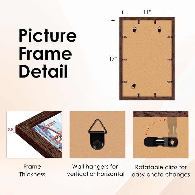 11x17 Picture Frame Brown Set of 2, Photo Frame with HD Plexiglass, Display Pictures 9x15 with Mat or 11x17 Without Mat, Brown Picture Frames Collage Wall Decor, Gallary Wall Frame