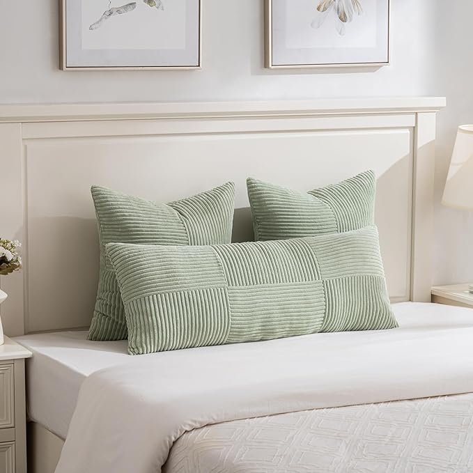 Fancy Homi Set of 1 Sage Green Boho Long Lumbar Body Decorative Throw Pillow Cover 14x36 Inch for Bed Couch Bedroom Bench, Soft Patchwork Corduroy Textured Pillow Case, Rustic Farmhouse Room Decor