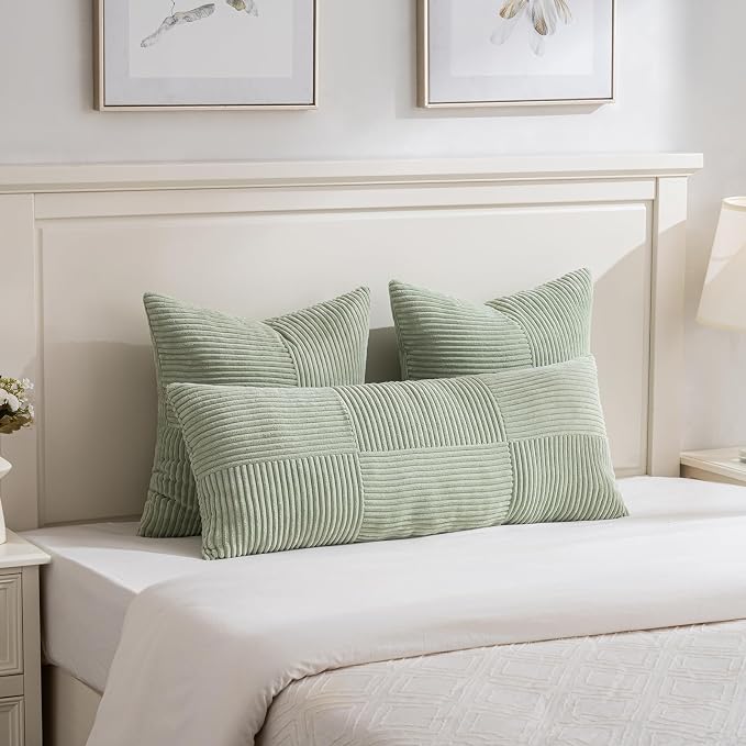 Fancy Homi Sage Green Decorative Throw Pillow Covers 22x22 Inch for Living Room Couch Bed Sofa, Farmhouse Boho Home Decor, Soft Corss Corduroy Patchwork Accent Square Cushion Case 55x55 cm