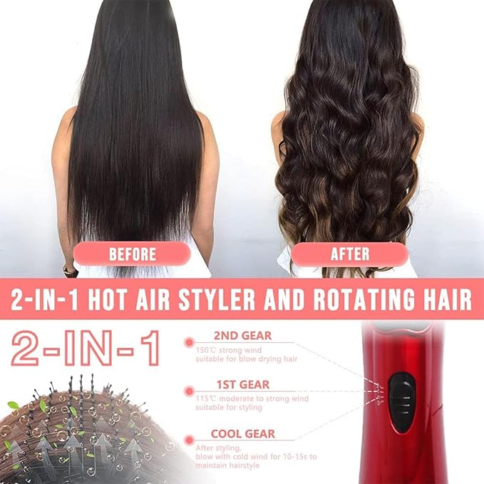 3-in-1 Hot Air Styler and Rotating Hair Dryer, Hair Dryer and Blow Dryer Brush in One, 2 Interchangeable Brushes for Dry and Wet Hair, Auto-Rotating Curling Hot Hair Brush (Gold)