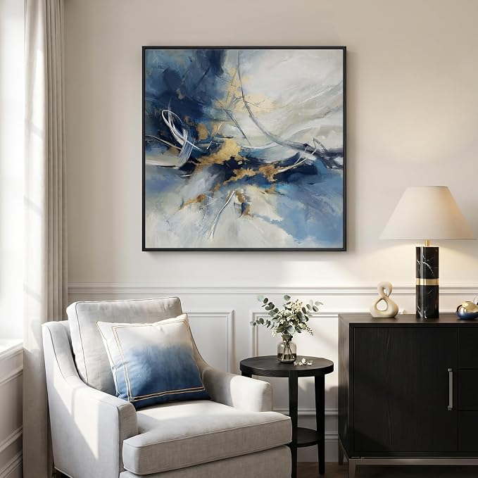 Framed Abstract Wall Art, Modern Blue White Gold Canvas Prints Artwork for Walls, Contemporary Minimalist Square Pictures for Living Room Bedroom Dining Room Hallway Office Home Decor, 30x30 In