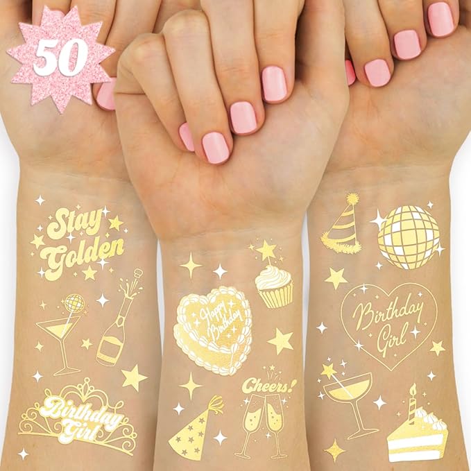 xo, Fetti Golden Birthday Temporary Tattoos - 50 gold styles | Birthday Party Decorations, Fun Birthday Girl Party Favors, HBD, Older Wiser Hotter, Fifty and Fabulous, Funny Bday Gift