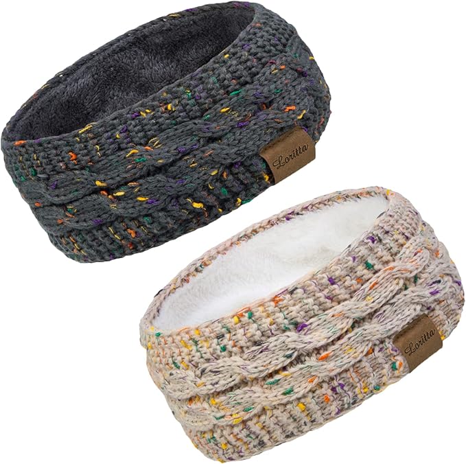 Loritta 2 Pack Headbands for Women Winter Warm Cable Knit Ear Warmer Thick Head Wrap Fuzzy Fleece Lined Gifts
