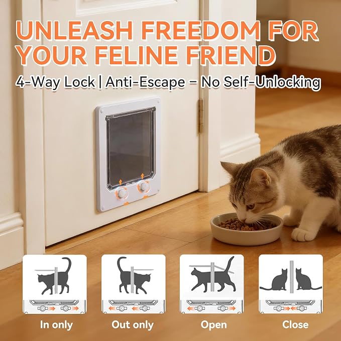 LIBBEPET Cat Door Interior Door, 4 Way Locking Flap for Cats ≤18 lbs，Large