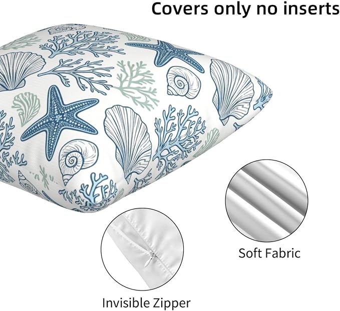 Coastal Starfish Shell Throw Pillow Covers 18x18 Set of 2 Nautical Beach Square Cushion Cases
