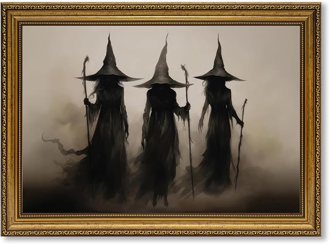 JLTULT Three Witches Halloween Wall Art, Gothic Framed Canvas, 16 x 24 in | Dark three-witch scene on fade-resistant canvas with an ornate ready-to-hang PS frame for entryways and Halloween displays