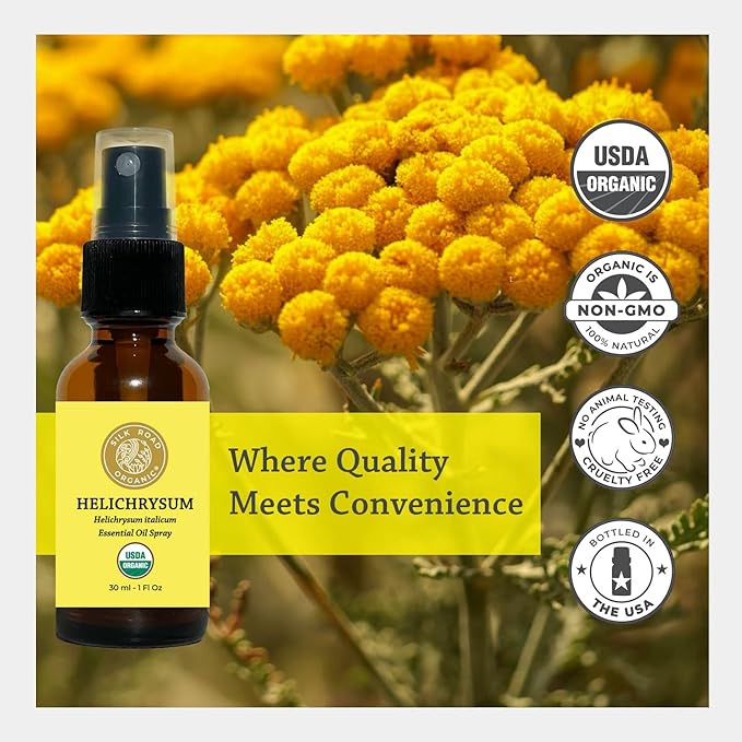 Silk Road Organic Helichrysum Italicum Essential Oil Spray for Skin Care, Wrinkles, Scars, Bruises - USDA Certified Immortelle Oil 1oz Aromatherapy Spray - Always Pure, Always Organic