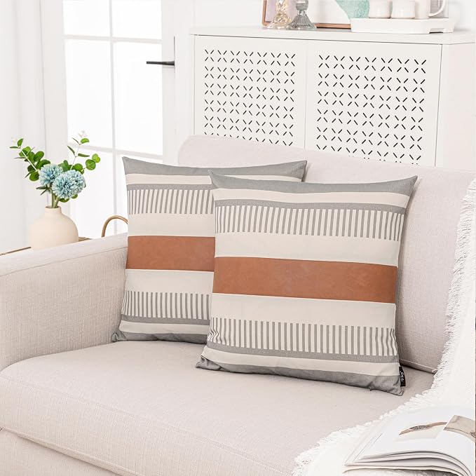 2 Pack 20x20 Inch Pillow Covers - Brown Faux Leather & Gray Stripe Print Soft Canvas Splicing, Same Pattern Both Sides | for Sofa Couch Bed Living Room, Farmhouse Industrial Minimalist Decor
