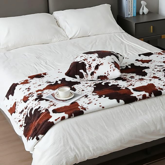 Brown Cow Faux Fur Throw Blanket 50''x60'', 480 GSM Double Sided Outdoor Lap Throw, Soft Cozy Warm Blanket for Bed Couch Sofa Office, Camping Shaggy Plush Furry Travel Blankets for Women, Men