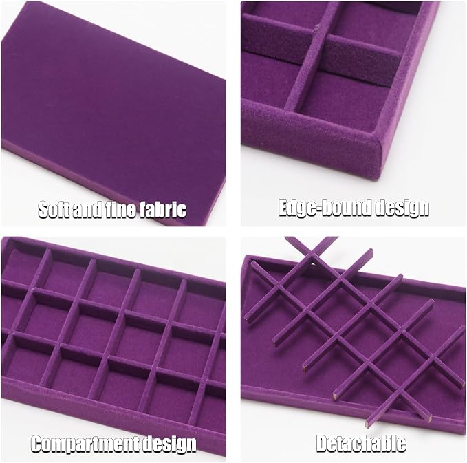 Velvet Jewelry Trays for Drawers, Purple 18 Grids | Stackable Jewelry Drawer Organizer Inserts, Ring Earring Holder Organizer Storage Display Tray with Removable Dividers